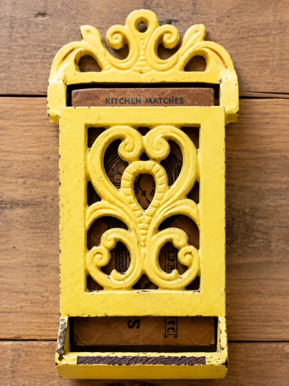 Vintage Cast Iron Wall Match Holder Dispenser Yellow Farmhouse Kitchen